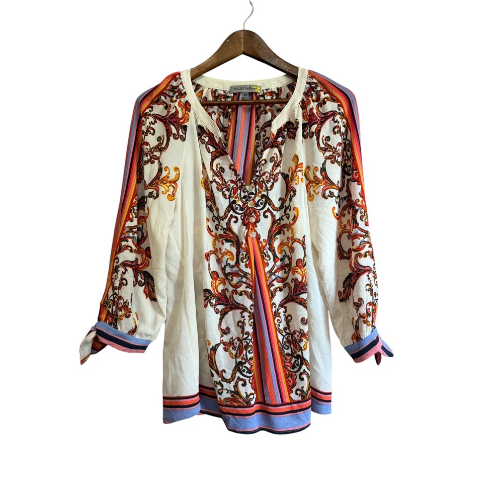 Figueroa & Flower Blouse Womens Medium White Multi Excellent Baroque Tie Cuff